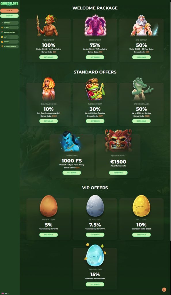 Here's a current screenshot of all the available bonuses and promotions at CrocoSlots.